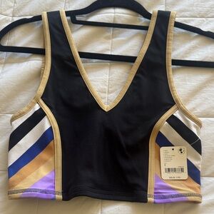 Free People Black V-Neck Crop Tank with Gold Trim and Blue/Purple/Tan Panels